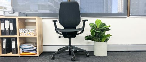 Steelcase Karman beside a shelving unit and potted plant
