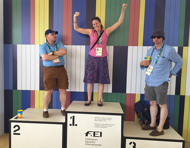 John Kyle, Pippa Roome and Peter Nixon on the podium in the FEI stand at the Deodoro fanzone