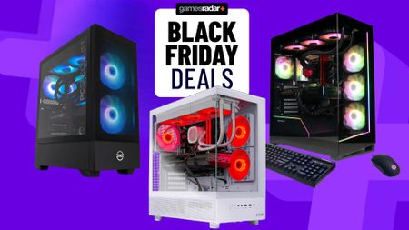 A collection of gaming PCs on a purple background with a central GamesRadar Black Friday deals stamp