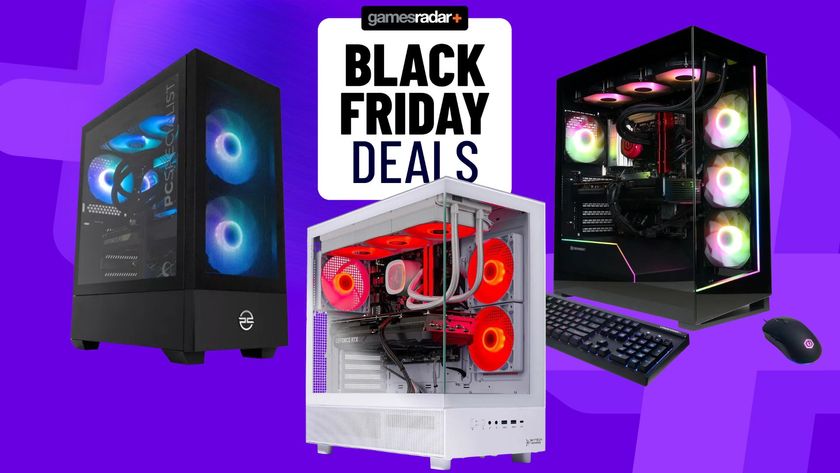 A collection of gaming PCs on a purple background with a central GamesRadar Black Friday deals stamp