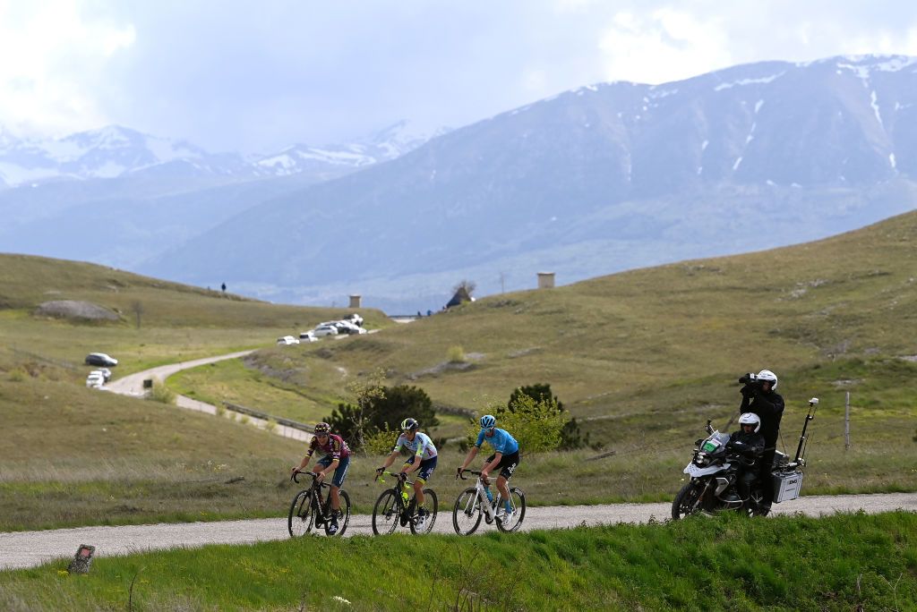 GRAN SASSO DITALIA CAMPO IMPERATORE ITALY MAY 12 Karel Vacek of Czech Republic and Team Corratec Selle Italia Davide Bais of Italy and Team EOLOKometa and Simone Petilli of Italy and Team Intermarch Circus Wanty compete in the breakaway during the 106th Giro dItalia 2023 Stage 7 a 218km stage from Capua to Gran Sasso dItalia Campo Imperatore 2123m UCIWT on May 12 2023 in Gran Sasso dItalia Campo Imperatore Italy Photo by Tim de WaeleGetty Images