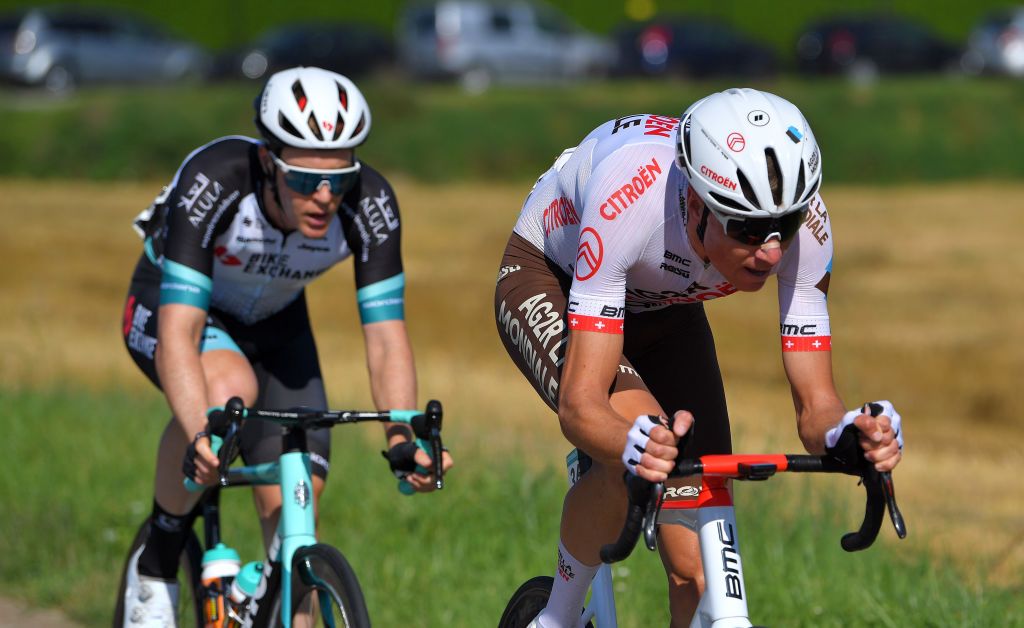 BILZEN BELGIUM SEPTEMBER 03 LR Callum Scotson of Australia and Team BikeExchange and Michael Schr of Switzerland and AG2R Citren Team compete in the breakaway during the 17th Benelux Tour 2021 Stage 5 a 188km stage from Riemst to Bilzen BeneluxTour on September 03 2021 in Bilzen Belgium Photo by Luc ClaessenGetty Images