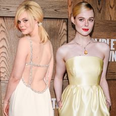 A collage of elle fanning wearing red carpet dresses to promote a complete unknown