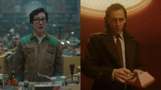 Ke Huy Quan in his workshop and Tom Hiddleston holding a mysterious remote in Loki, pictured side by side.