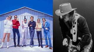 Huey Lewis & The News publicity photo and Stevie Ray Vaughan onstage
