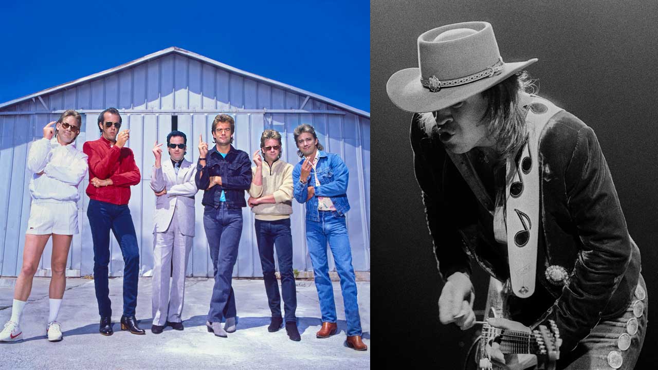 Huey Lewis & The News publicity photo and Stevie Ray Vaughan onstage