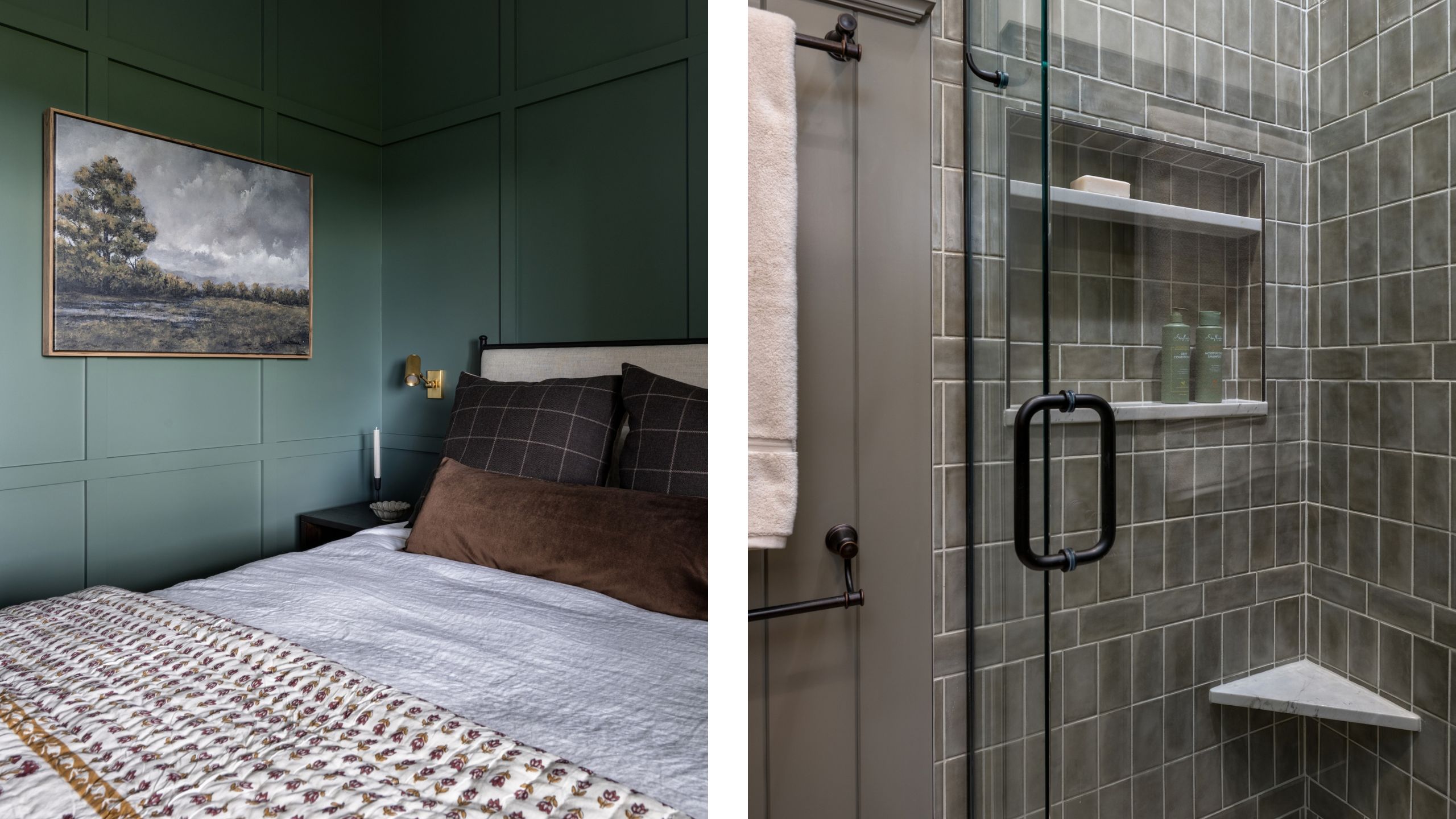 two side by side images of a deep green guest bedroom in a rustic family farm retreat with an olive green tiled bathroom shower with niche storage