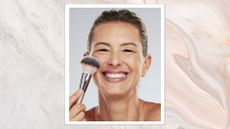 A marble-effect frame containing an image of a woman's face, smiling with glowing skin and her hair tied back, holding a blusher brush up to her cheek 