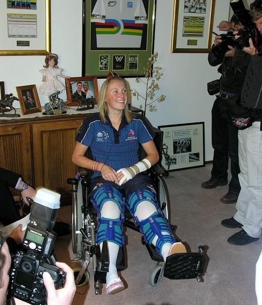 Katie Brown, surrounded by Sydney's media.