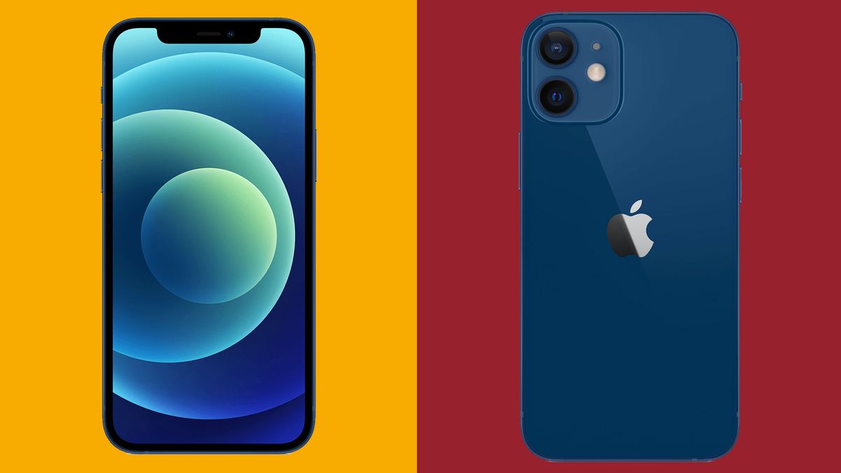 An iPhone 12 and an iPhone 12 mini against a yellow and red background