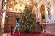 The 20-foot-high Christmas tree in St George’s Hall, Windsor, dressed with hundreds of iridescent glass and mirrored ornaments. It went up on 25 November 2021 and comes down on 3 January 2022.