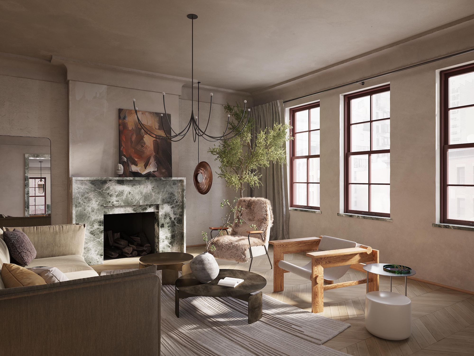 A modern living room in a traditional architectural setting, housing oversized statement furniture, 3 large windows, a low-hung pendant, and a green marble fireplace with artwork above
