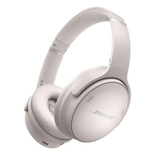 A pair of white headphones on a white background