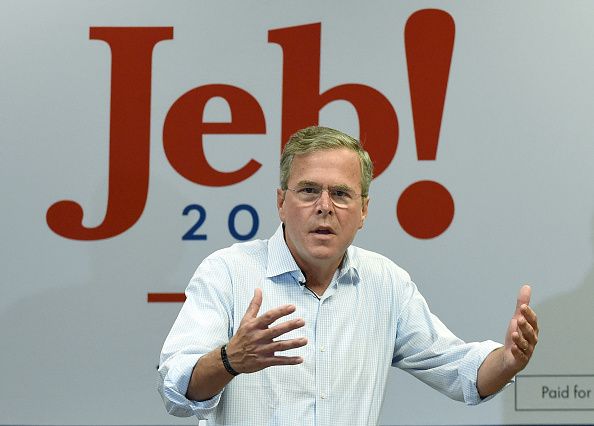 Jeb Bush in front of his campaign slogan.