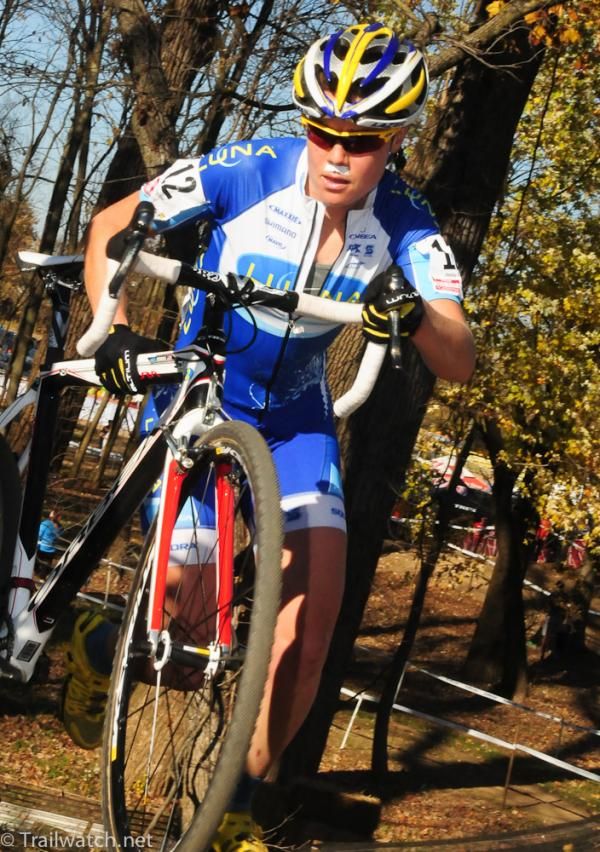 Georgia Gould (Luna Pro Team) racing with a fake mustache