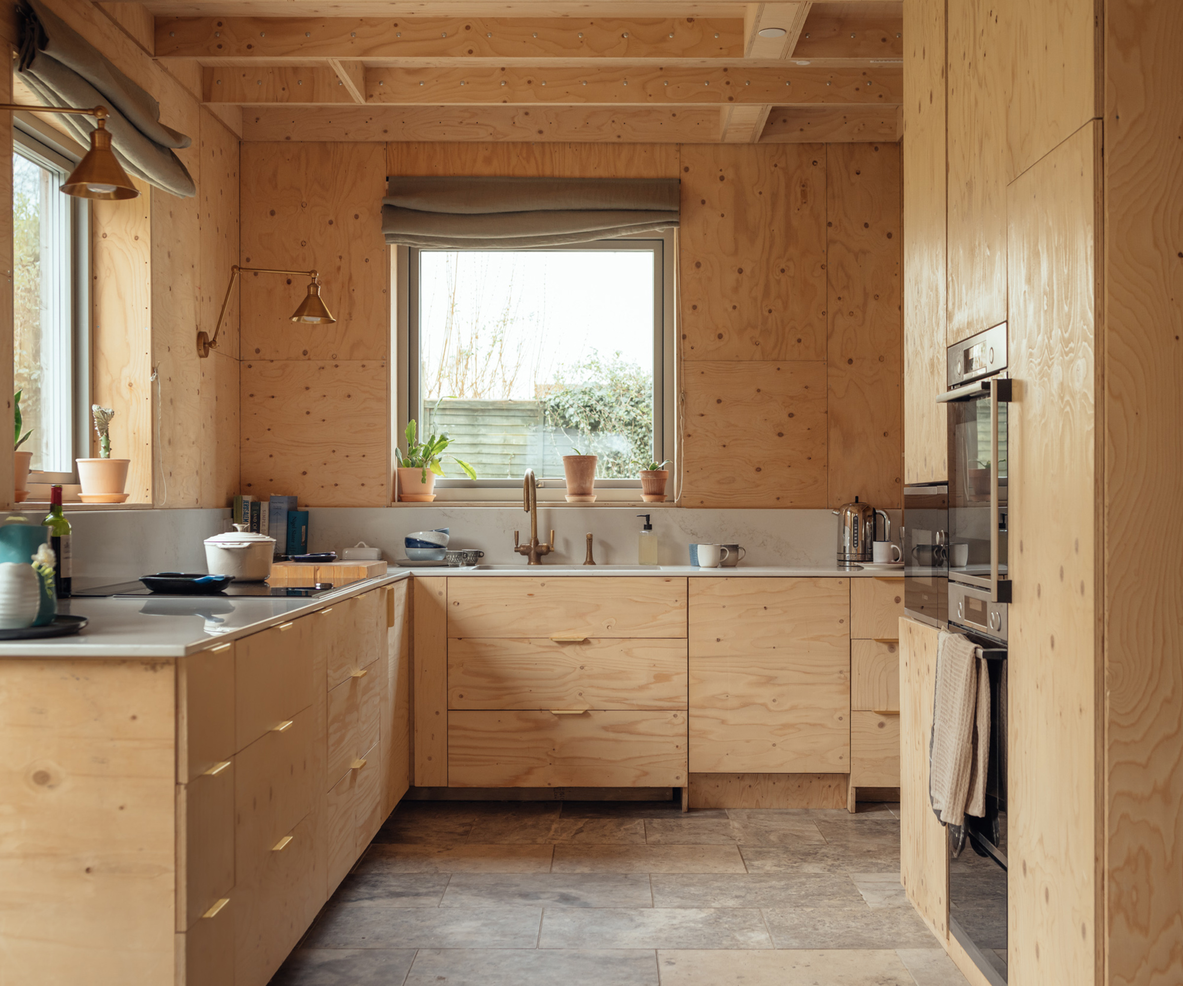 A plywood kitchen in a modular extension