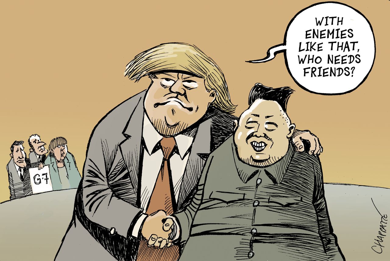 Political cartoon U.S. Kim Jong Un Trump North Korea Singapore nuclear summit Justin Trudeau G7