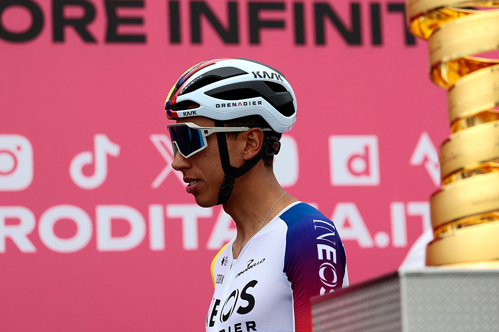 Ineos Grenadiers' Colombian rider Egan Bernal walks past the Giro d'Italia trophy (â€œtrofeo senza fineâ€) prior to the first stage of the 108th Giro d'Italia cycling race, 160km from Durres to Tirana in Albania, on May 9, 2025. (Photo by Luca Bettini / AFP)