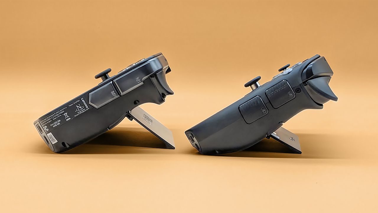 A profile view of the Lenovo Legion Go 2 and original Legion Go leaning back on their kickstands.