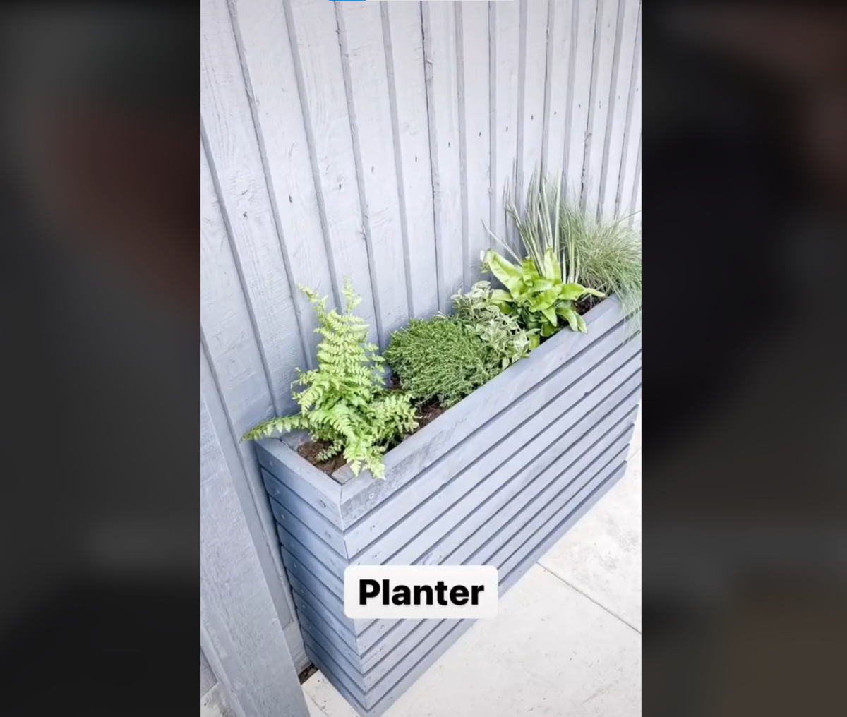 DIY wooden planter sitting against garden wall with selection of plants sitting inside