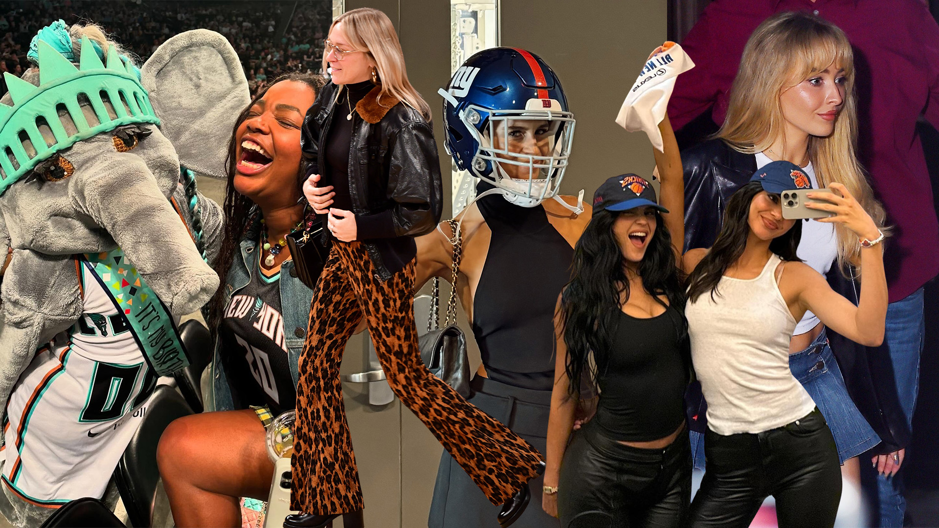 A collage featuring photos of chic fashion people attending sporting events, including Kylie and Kendall Jenner, Sabrina Carpenter, Gabriella Karefa-Johnson, Chloé Sevigny, and Caroline Daur.