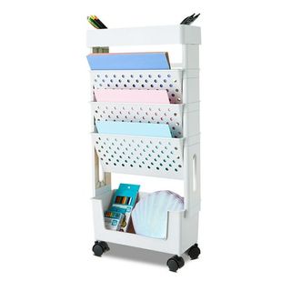 5-Tier white Movable Organization & Storage Cart with black wheels and angled vertical folder spaces