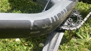Close up of rubber frame protection on mountain bike
