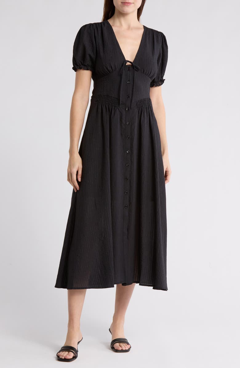 Puff Sleeve Cinched Waist Midi Dress