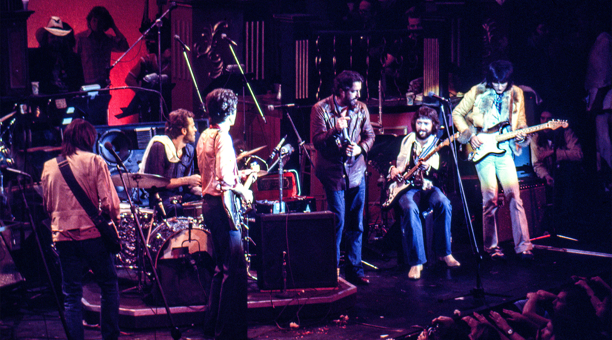 SAN FRANCISCO - NOVEMBER 25: The Band is seen here jamming at The Last Waltz with Neil Young, Levon Helm, Robbie Robertson, Paul Butterfield, Eric Clapton and Ron Wood at Winterland on November 25, 1976 in San Francisco, California.