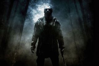 Friday the 13th Jason stands in the middle of the woods