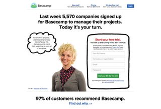 The project management app Basecamp (http:// basecamp.com) uses a lot of customer information, and even testimonials, to help convince you it is trustworthy