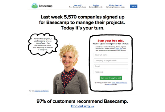 The project management app Basecamp (http:// basecamp.com) uses a lot of customer information, and even testimonials, to help convince you it is trustworthy