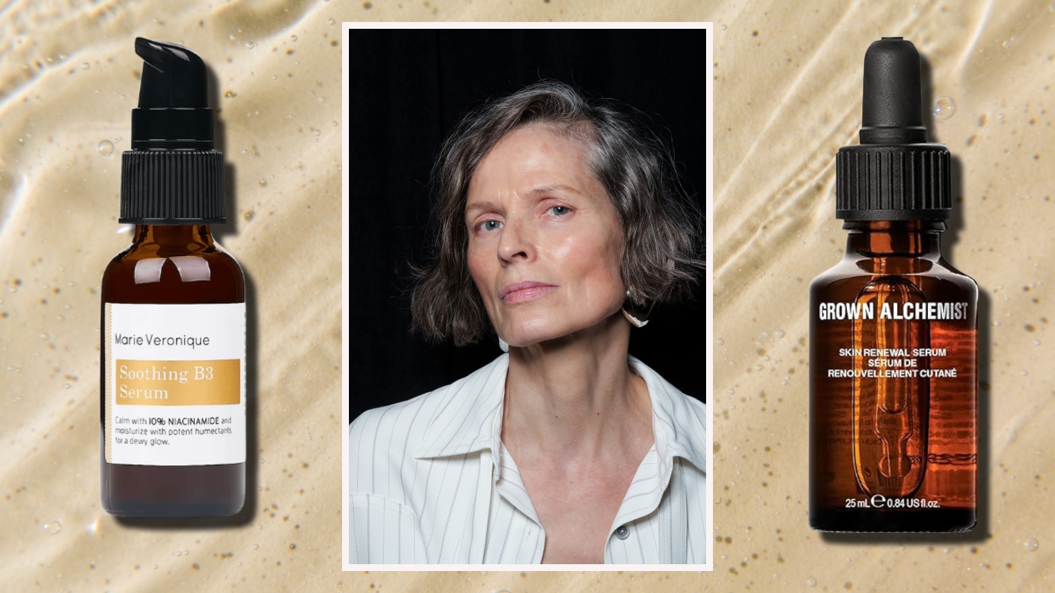a golden watery background with a portrait of an older white woman with glowing skin flanked by two brown bottles of niacinamide serums