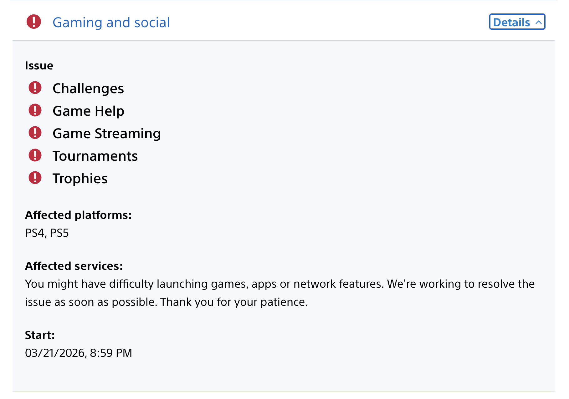A screenshot of the PlayStation Status page showing that multiple gaming and social services are currently down