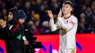 NEWPORT, WALES - JANUARY 28: Rasmus Hojlund of Manchester United applauds fans after the Emirates FA Cup Fourth Round match between Newport County and Manchester United at Rodney Parade on January 28, 2024 in Newport, Wales. (Photo by Ash Donelon/Manchester United via Getty Images)