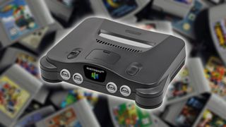 Picture of N64 with cartridges blurred in backdrop
