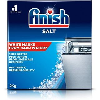 A blue cardboard box of Finish branded dishwasher salt. A graphic of a half-open dishwasher on the front. 