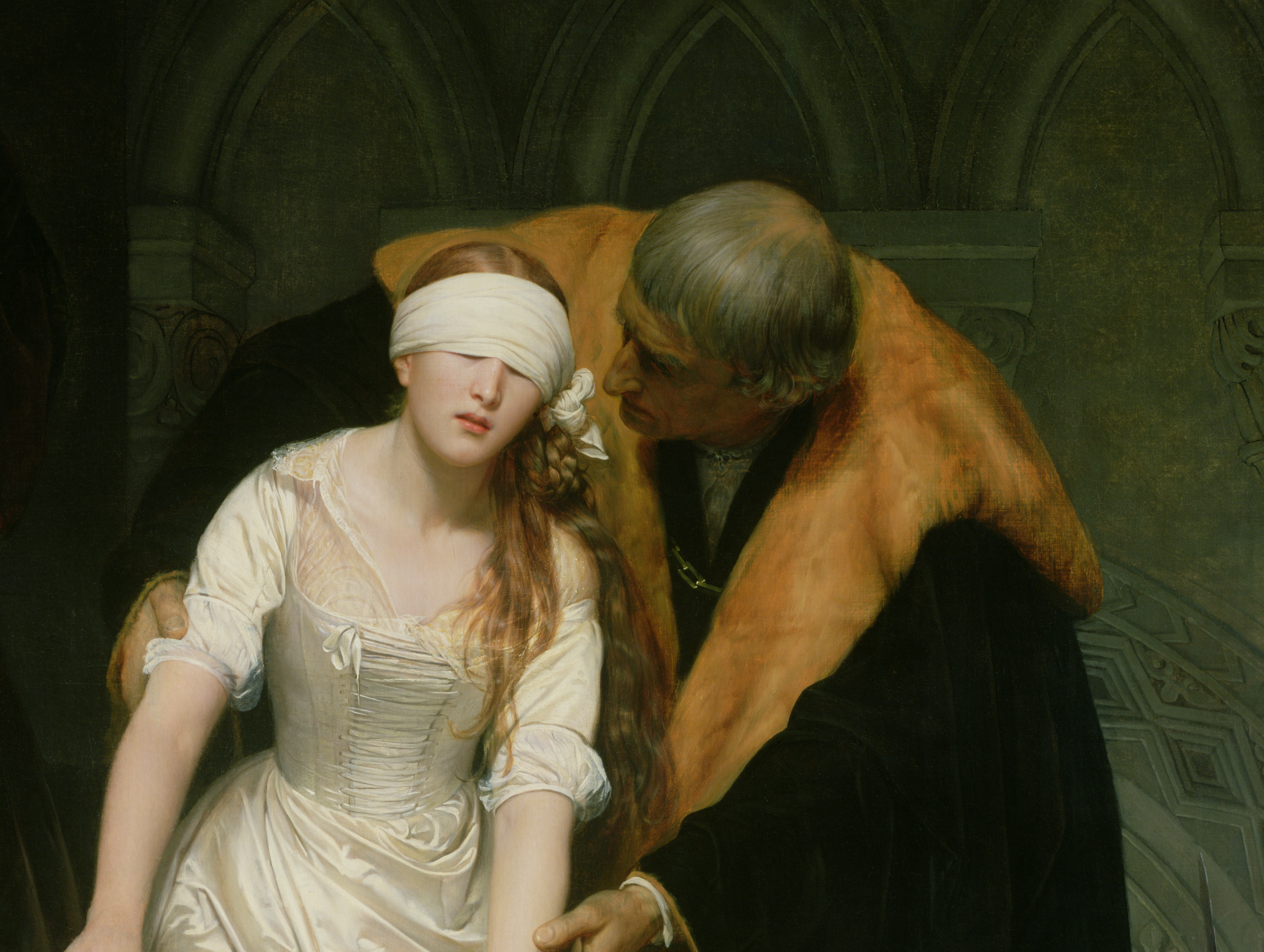 A close up of the 1833 painting 'The Execution of Lady Jane Grey', by Paul Delaroche.