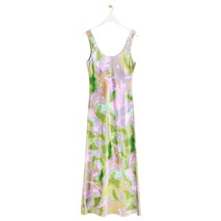 Oliver Bonas Abstract Green & Pink Midi Satin Slip Dress