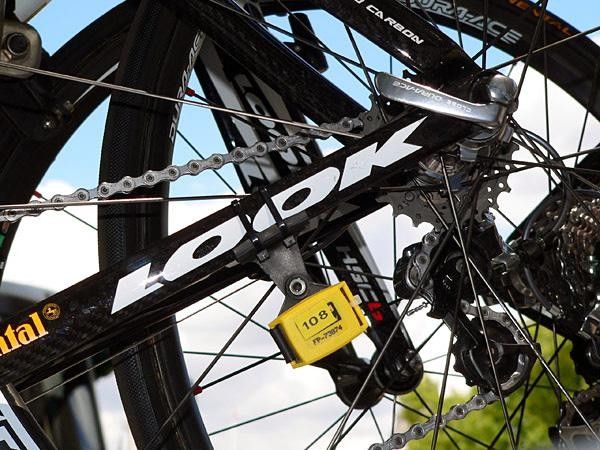 A timing chip mounted on each bike