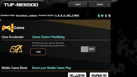 A screenshot of the Asus TUF Gaming BE6500 router web interface.