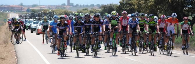 The peloton spreads along the road after letting the breakaway go.