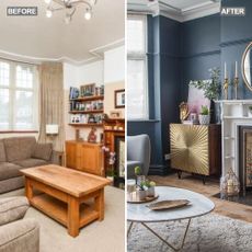 a before and after image of a living room makeover, the before photo on the left showing a bwon living room with wooden furniture, mantle and brown sofa, the after image on the right showing a living room with dark blue walls, white mantle and gold unit 