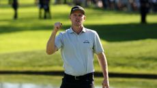 Justin Rose fist pumps after winning the 2026 Farmers Insurance Open