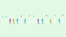 A 3D rendered image showing multicolored businesspeople surrounded by white humanoids labelled 'AI', on a pale green background.