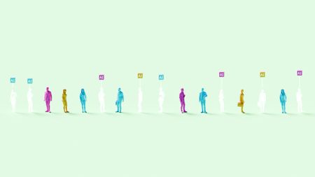 A 3D rendered image showing multicolored businesspeople surrounded by white humanoids labelled 'AI', on a pale green background.