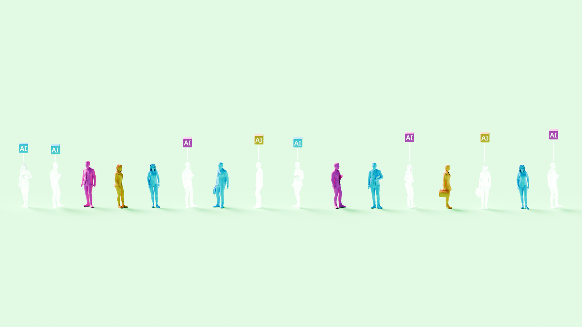 A 3D rendered image showing multicolored businesspeople surrounded by white humanoids labelled 'AI', on a pale green background.