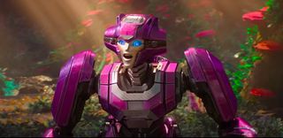 a magenta-colored female robot