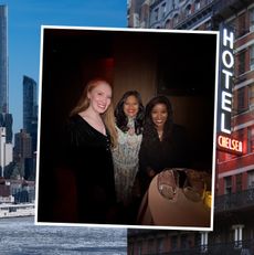 A NYC skyline with icy river; the Hotel Chelsea; a photo of three women posing at a table at a dimly lit bar
