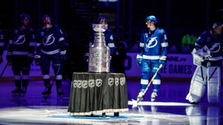 The Tampa Bay Lightning with the Stanley Cup, after raising the banner on Jan. 13. The Lightning won the 2020 Stanley Cup.